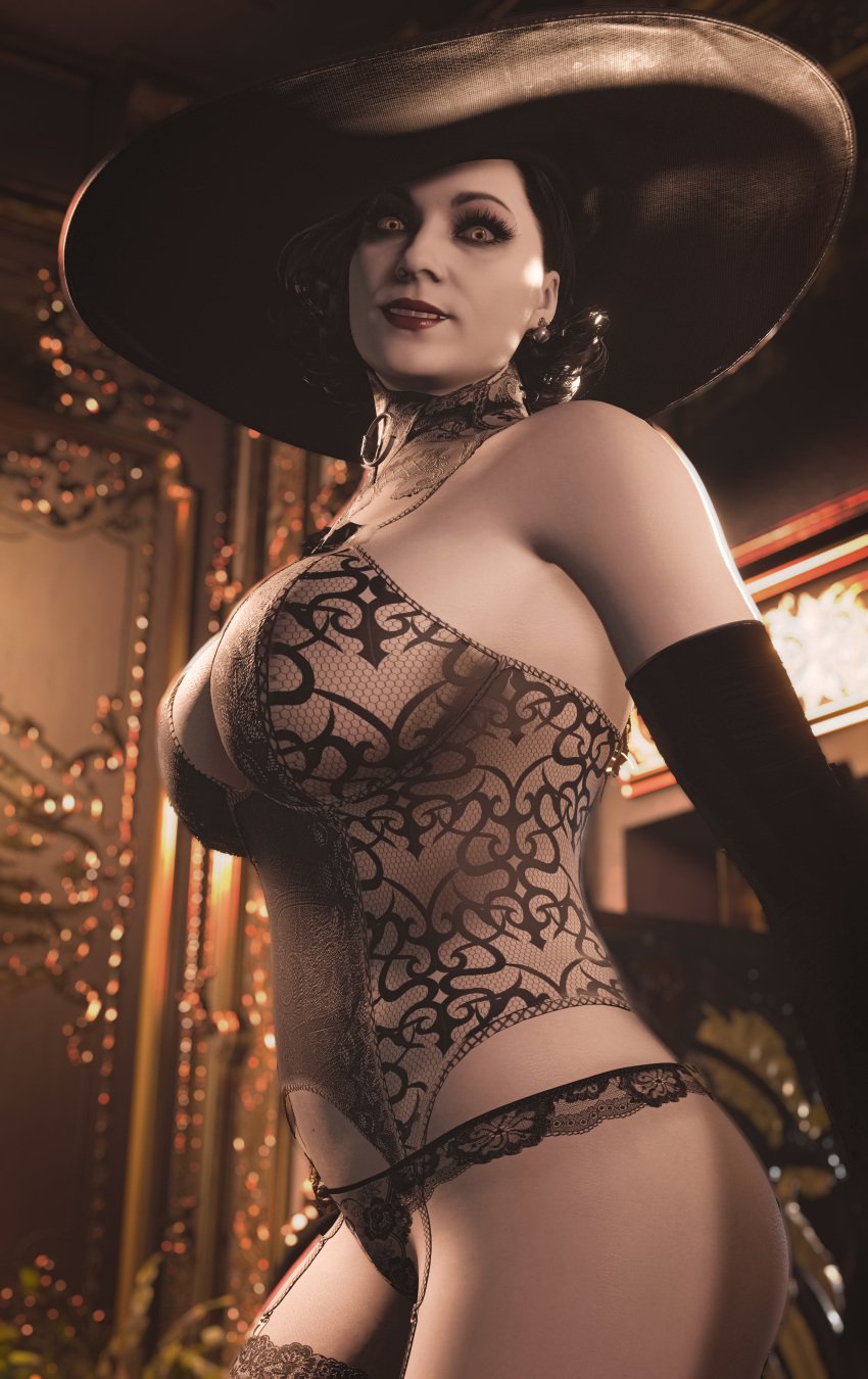 1girls 3d 3d_(artwork) alcina_dimitrescu ass big_breasts black_panties black_thong black_underwear breasts capcom eye_contact goldy_3d half-dressed half_naked hat lace-trimmed_panties lace_panties lace_thong lace_trimmed_thong legs lingerie panties pose pussy red_lipstick resident_evil resident_evil_8:_village solo thong thong_panties thong_underwear underwear vampire