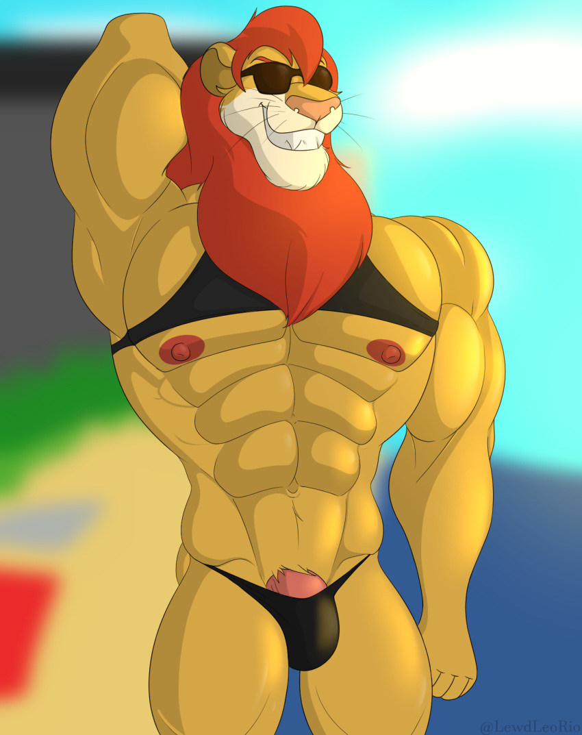 1boy abs anthro beach biceps big_muscles clothed clothing d.a.r.e. daren dia_(artwork) eyewear facial_hair felid genitals grin hi_res huge_muscles klr-rio lion male male_focus male_only mammal muscular muscular_anthro muscular_male nipples pantherine pecs penis seaside shirt smile solo speedo sunglasses swimwear topwear