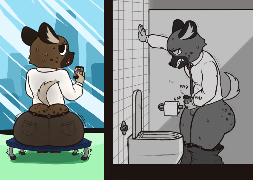 aggressive_retsuko ailurid angry anthro aroused ass ass_cleavage at_work balls bathroom belt bench big_butt bodily_fluids bottomless bottomless_male bottomwear brown_body brown_bottomwear brown_clothing brown_fur brown_pants building business_attire butt_crack cellphone clothed clothing colored cum cum_on_toilet ejaculation erection footwear fur furniture genital_fluids genitals glass haida hand_on_wall hi_res holding_object holding_phone huge_butt humanoid_genitalia humanoid_penis hyaenid inner_ear_fluff light_tail looking_at_viewer looking_back looking_up male male_only mammal masturbation muttering necktie on_furniture open_mouth panties pants pants_down panty_shot partially_clothed penile penile_masturbation penis phone photo pockets public public_masturbation public_restroom raised_tail red_panda restroom_stall retsuko round_ears sanrio scrunched_nose shaded shirt shoes simple_background sitting sitting_on_bench smartphone smooth_fur snout solo solo_male spots spotted_butt spotted_hyena standing sweat text thick_thighs toilet toilet_bowl toilet_paper topwear tuft unaware undersized_clothing underwear unprofessional_behavior wardrobe_malfunction zlut385