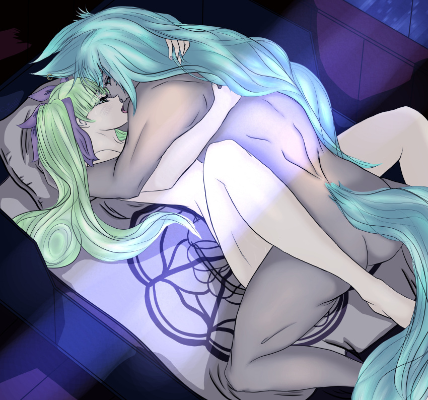 bed blue_fur blue_hair fox_boy fox_ears fox_tail frey_(rune_factory) green_hair leon_(rune_factory) long_hair male/female missionary_position rune_factory rune_factory_4