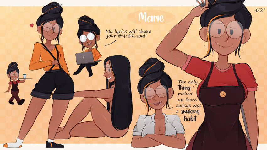 1girls arkeus ass breasts character_name clothed clothing dark-skinned_female dark_skin dialogue english_text female female_only glasses human marie_(arkeus) nude original_character partially_clothed solo standing text