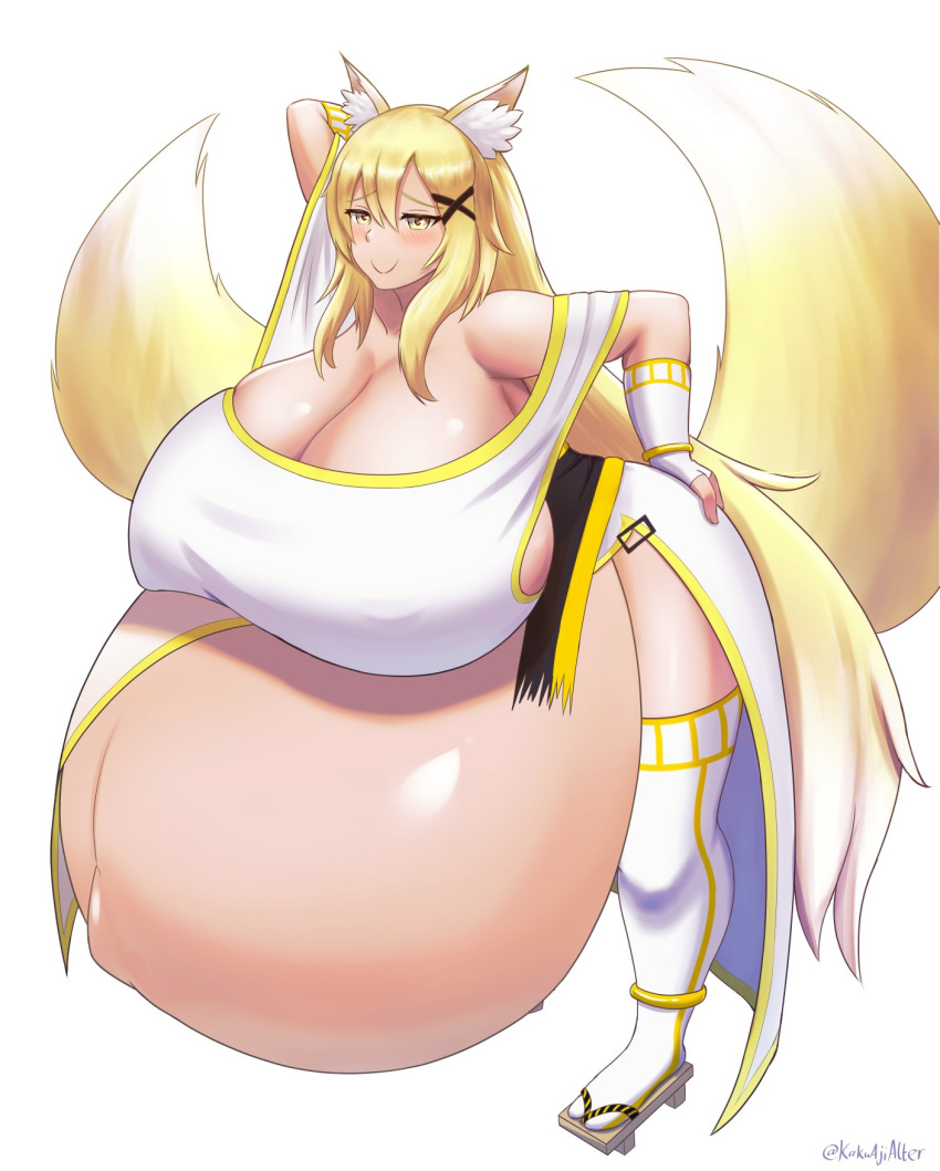 1girls animal_ears breasts cleavage female female_only fox_girl huge_belly huge_breasts hyper hyper_belly hyper_pregnancy kakuajialter kemonomimi mostly_clothed pregnant ready_to_pop simple_background solo tail thick_thighs thighhighs white_background wide_hips