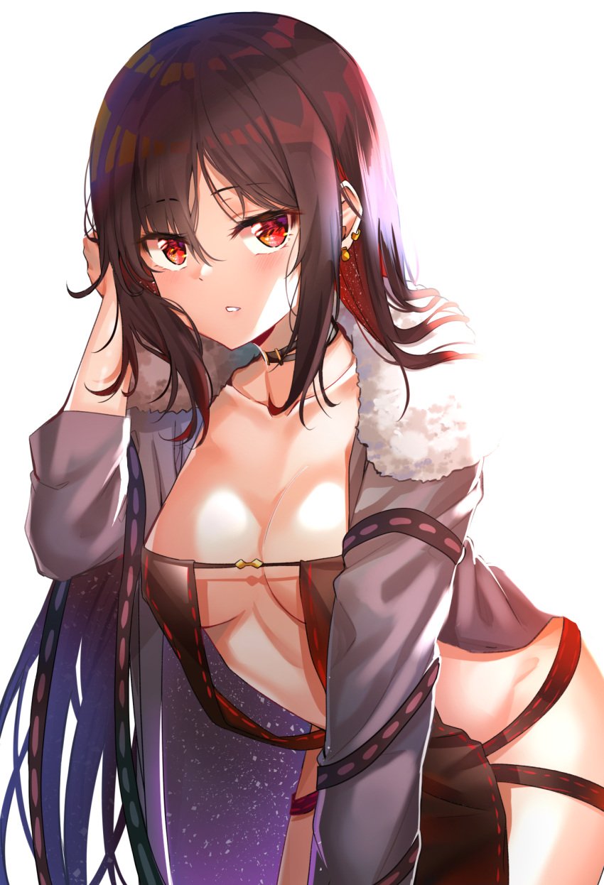 akuta_hinako arched_back arm_support assassin bangs bent_over black_choker black_dress black_hair blush breasts brown_hair center_opening choker clavicle cleavage collar_(clothes) cowboy_shot dress ear_piercing earrings eyebrows_visible_through_hair fate/grand_order fate_(series) female female fur fur-trimmed_jacket fur_collar fur_trim grey_jacket groin hair_brushing hair_flip hand_up high_resolution jacket jewelry leaning_forward light_background long_hair long_sleeves looking_at_viewer medium_breasts navel open_clothes open_jacket parted_lips piercing red_eyes revealing_clothes revision ribbon_trim sidelocks simple_background solo star_(symbol) star_print starry_sky_print sunhyun tagme very_long_hair white_background yu_miaoyi yu_miaoyi_(fate)