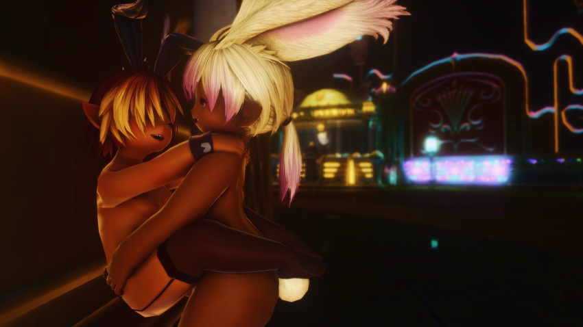 1boy 1girls blonde_hair breasts bunny bunny_boy bunny_ears bunny_girl bunny_tail carrying_position dark_skin female final_fantasy final_fantasy_xiv garter_belt garter_belt_leggings golden_saucer gpose(ffxiv) hair_highlights happy_sex ignitedyam lalafell male male/female nipples pointy_ears public_sex red_hair sex shortstack small_breasts smile