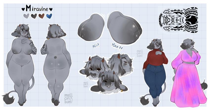 absurd_res angry anthro arm_tattoo ass belly big_breasts big_butt big_nipples black_nose blue_eyes bottomwear bovid bovine breast_expansion breasts cattle chubby_female clothed clothing curvy_figure cute_face denim denim_clothing dress ear_piercing ear_tag expansion facial_expressions female floppy_ears fur grey_body grey_fur growth happy hi_res hooves horn jeans mammal mellonbun miravine model_sheet navel nipples nude one_eye_closed pants piercing purple_clothing purple_dress red_clothing red_shirt red_topwear shirt simple_background smile solo tailwag tattoo thick_thighs topwear turtleneck two_piece wide_hips wink