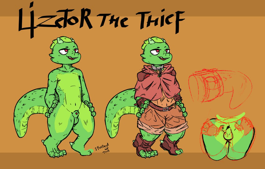 4_toes 5_fingers anthro ass backsack balls claws clothed clothing dumliz english_text feet fingers genitals green_balls green_perineum green_sheath hi_res horn kobold lizetor male nude penis perineum reptile scalie smile solo text toes