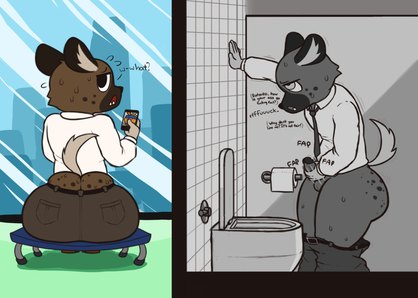 aggressive_retsuko ailurid anthro aroused ass ass_cleavage at_work balls bathroom belt bench big_butt bodily_fluids bottomless bottomless_male bottomwear brown_body brown_bottomwear brown_clothing brown_fur brown_pants building business_attire butt_crack cellphone clothed clothing colored english_text erection footwear fur furniture genitals glass haida hand_on_wall hi_res holding_object holding_phone huge_butt humanoid_genitalia humanoid_penis hyaenid inner_ear_fluff light_tail looking_at_viewer looking_back looking_up male male_only mammal masturbation muttering necktie on_furniture open_mouth panties pants pants_down panty_shot partially_clothed penile penile_masturbation penis phone photo pockets profanity public public_masturbation public_restroom raised_tail red_panda restroom_stall retsuko round_ears sanrio shirt shoes simple_background sitting sitting_on_bench smartphone smooth_fur snout solo solo_male spots spotted_butt spotted_hyena standing sweat text thick_thighs toilet toilet_bowl toilet_paper topwear tuft unaware undersized_clothing underwear unprofessional_behavior wardrobe_malfunction zlut385