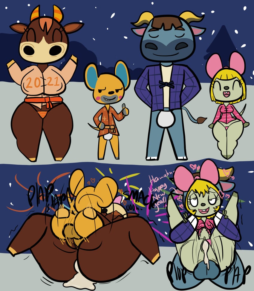 2020 2boys 2girls ahe_gao animal_crossing barely_clothed bovine bulge bull comic cum_inside klutzatdusk limberg_(animal_crossing) looking_pleasured mating_press mouse new_year nintendo patty_(animal_crossing) peace_sign penelope_(animal_crossing) shortstack skimpy small_but_hung stomach_bulge t-bone_(animal_crossing)