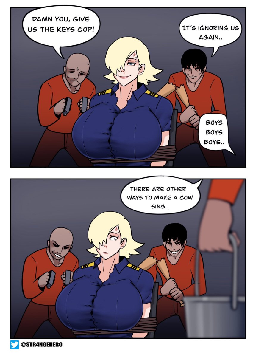 avis_(strangehero) big_breasts big_muscles blonde_hair bruises bucket exhausted_male fists hair_over_one_eye huge_breasts imminent_milking one_eye_covered piercing prisoners short_hair smile strangehero sweat text tied tied_up