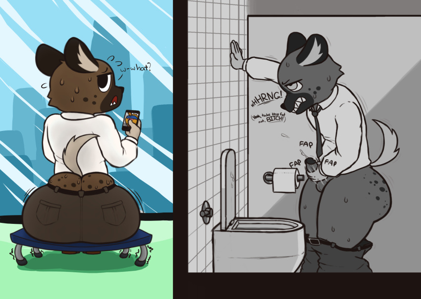 aggressive_retsuko ailurid angry anthro aroused ass ass_cleavage at_work balls bathroom belt bench big_butt bodily_fluids bottomless bottomless_male bottomwear brown_body brown_bottomwear brown_clothing brown_fur brown_pants building business_attire butt_crack cellphone clothed clothing colored cum cum_on_toilet ejaculation erection footwear fur furniture genital_fluids genitals glass haida hand_on_wall hi_res holding_object holding_phone huge_butt humanoid_genitalia humanoid_penis hyaenid inner_ear_fluff insult light_tail looking_at_viewer looking_back looking_up male male_only mammal masturbation muttering necktie on_furniture open_mouth panties pants pants_down panty_shot partially_clothed penile penile_masturbation penis phone photo pockets profanity public public_masturbation public_restroom raised_tail red_panda restroom_stall retsuko round_ears sanrio scrunched_nose shaded shirt shoes simple_background sitting sitting_on_bench smartphone smooth_fur snout solo solo_male spots spotted_butt spotted_hyena standing sweat text thick_thighs toilet toilet_bowl toilet_paper topwear tuft unaware undersized_clothing underwear unprofessional_behavior wardrobe_malfunction zlut385