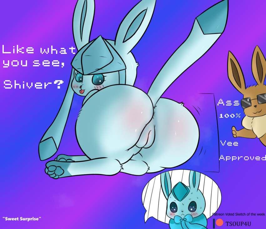 2021 anus ass blush digital_media_(artwork) eevee eeveelution english_text female female_focus feral genitals glaceon hi_res looking_back lying male nintendo on_side pinup pokémon_(species) pokemon pose presenting presenting_anus presenting_hindquarters presenting_pussy pussy shiver_(shivereevee) solo_focus text toony tsoup video_games