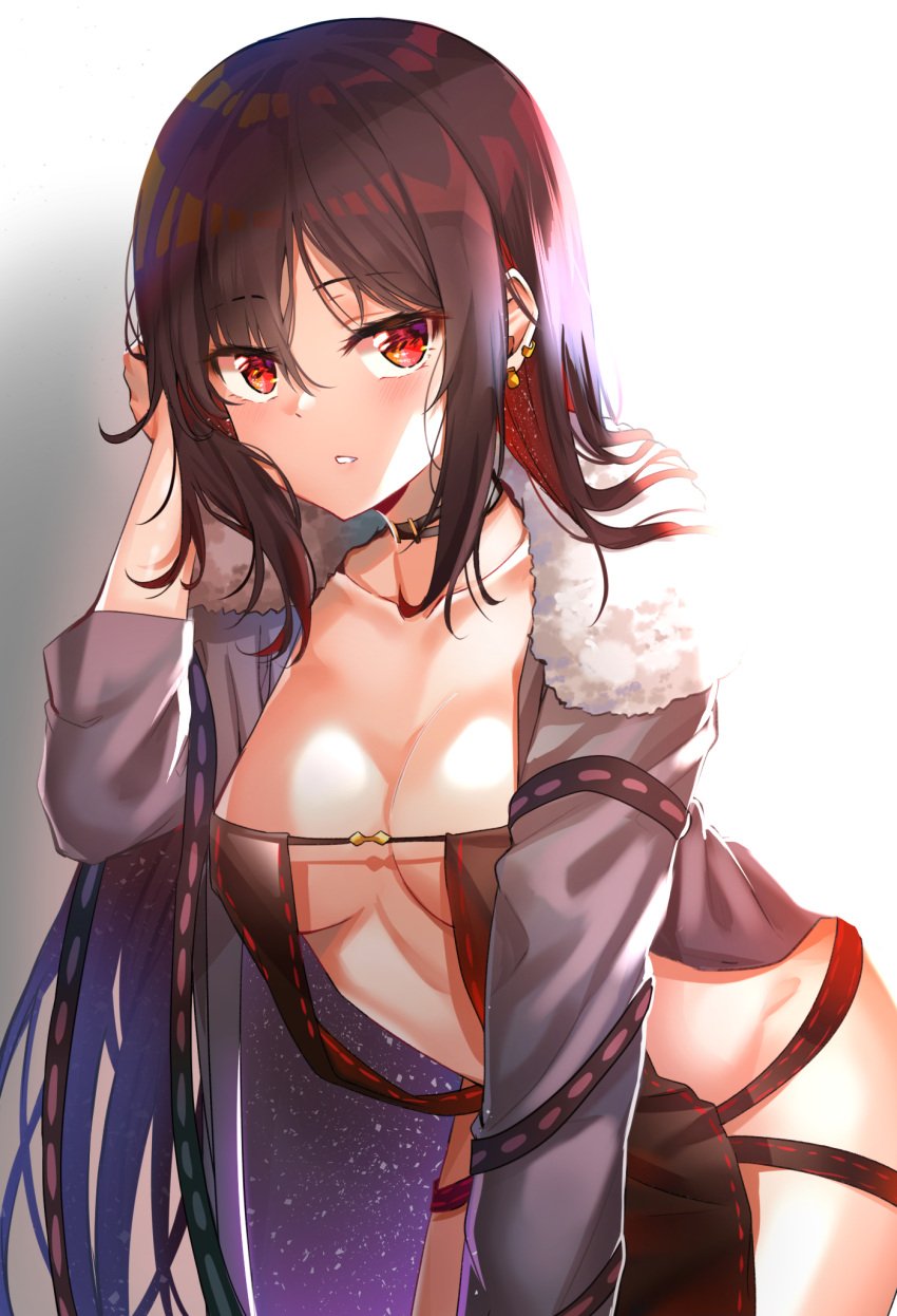 akuta_hinako arched_back arm_support bangs black_choker black_dress blush breasts brown_hair center_opening choker clavicle cowboy_shot dress earrings eyebrows_visible_through_hair fate/grand_order fate_(series) female female fur-trimmed_jacket fur_collar fur_trim grey_jacket groin hair_flip hand_up high_resolution jacket jewelry leaning_forward long_hair long_sleeves looking_at_viewer medium_breasts navel open_clothes open_jacket parted_lips piercing red_eyes revealing_clothes ribbon_trim shadow sidelocks solo starry_sky_print sunhyun tagme very_long_hair white_background yu_miaoyi_(fate)