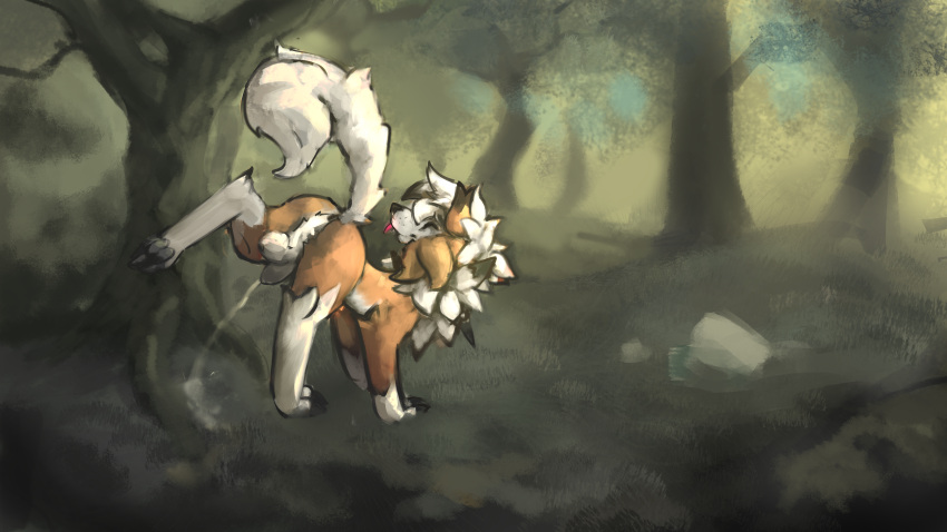 absurd_res animal_genitalia animal_penis anus ass balls bodily_fluids canid canine canine_penis claws closed_eyes digitigrade dusk_lycanroc feral finger_claws fur genital_fluids genitals gradient_background grin hi_res hiked_leg kiraco lycanroc male mammal nature nature_background nintendo orange_body orange_fur pawpads paws peeing penis plant pokémon_(species) pokemon quadruped raised_leg raised_tail rear_view relief sheath simple_background smile solo toe_claws tongue tongue_out tree urine urine_pool urine_stream video_games white_body white_fur