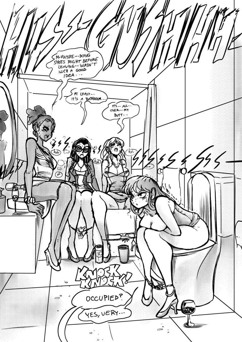 4girls bathroom bathtub biku bow bow_panties breasts cleavage clothed desperation dialogue english_text female female_only multiple_girls panties panties_down panty_pull pee_in_sink peeing peeing_in_sink relief sink sitting text toilet underwear urine wine_glass