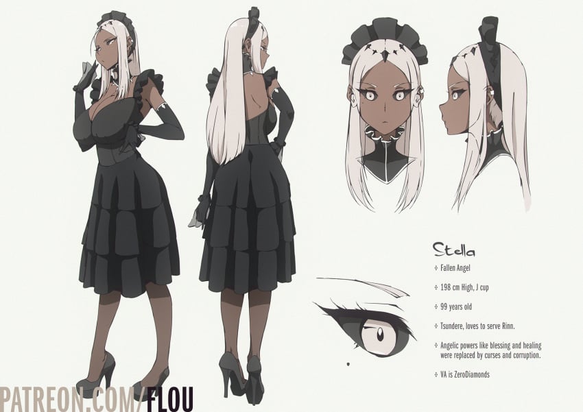 1girls 2021 angel black_sclera breasts character_sheet cleavage dark-skinned_female dark_skin dress elbow_gloves flou gloves hand_on_hip high_heels large_breasts looking_at_viewer original original_character stella_(flou)