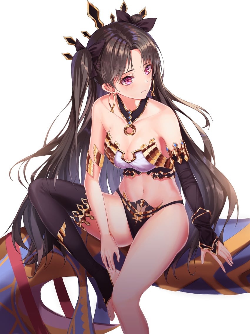 apraxia armor asymmetrical_legwear bent_knees bikini_armor black_bow black_hair black_legwear black_panties black_ribbon black_underwear bow bracelet breasts clavicle cleavage cowboy_shot earrings exposed_shoulders expressionless fate/grand_order fate_(series) female hair_ornament hair_ribbon hairbow headdress headwear heavenly_boat_maanna high_resolution hoop_earrings ishtar_(fate) jewelry large_filesize light_background long_hair looking_away looking_to_the_side medium_breasts midriff navel panties piercing pink_eyes pixiv_id_28322479 ribbon simple_background single_thighhigh sitting smile solo thighhighs tied_hair twintails two_side_up type-moon underwear very_high_resolution white_background