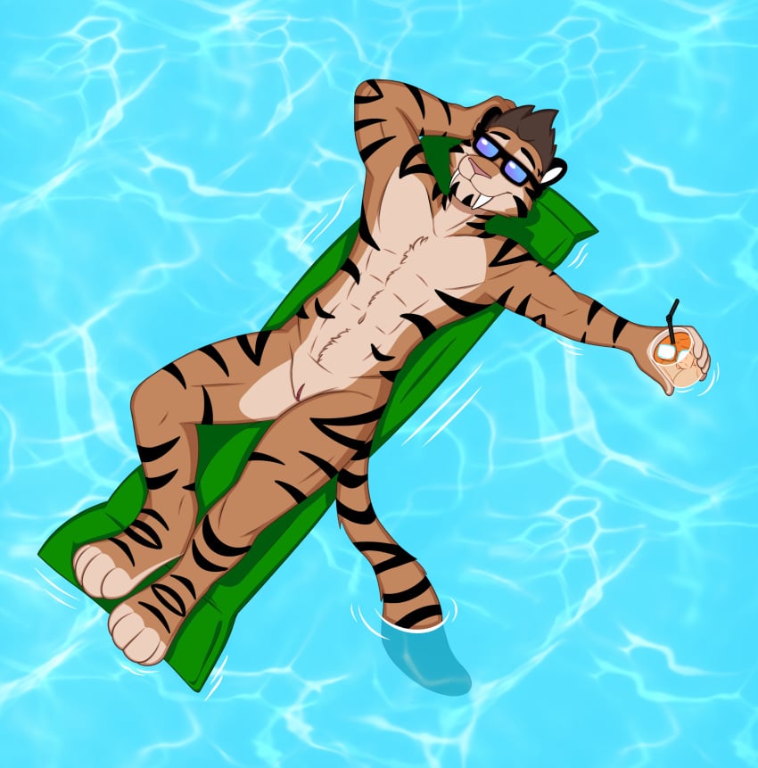 absurd_res andromorph anthro beverage cuntboy eyewear felid genitals hi_res intersex machairodontine male male_focus mammal nude pantherine poolside pussy redjasper solo sunglasses tiger water