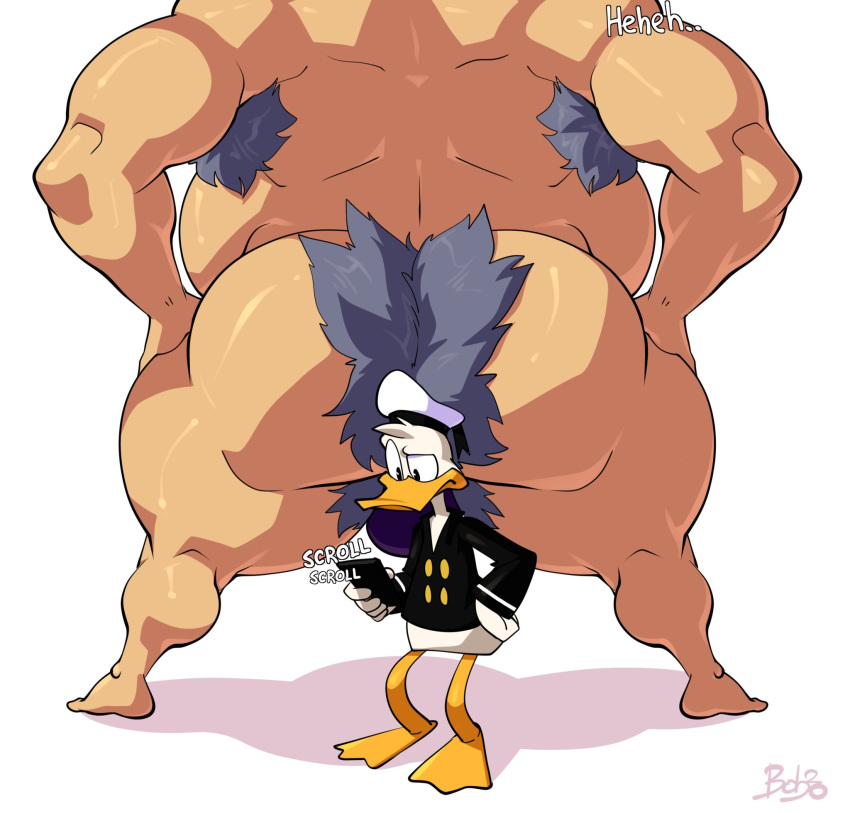 anatid anseriform anthro armpit_hair ass avian barazoku belly big_butt bird black_clothing bobthetanuki body_hair butt_hair canid canine canis clothing disney donald_duck duck ducktales_(2017) duo hat headgear headwear hi_res huge_butt male male_only mammal merlock nude overweight overweight_anthro overweight_male phone rear_view simple_background size_difference solo_male standing white_background wolf