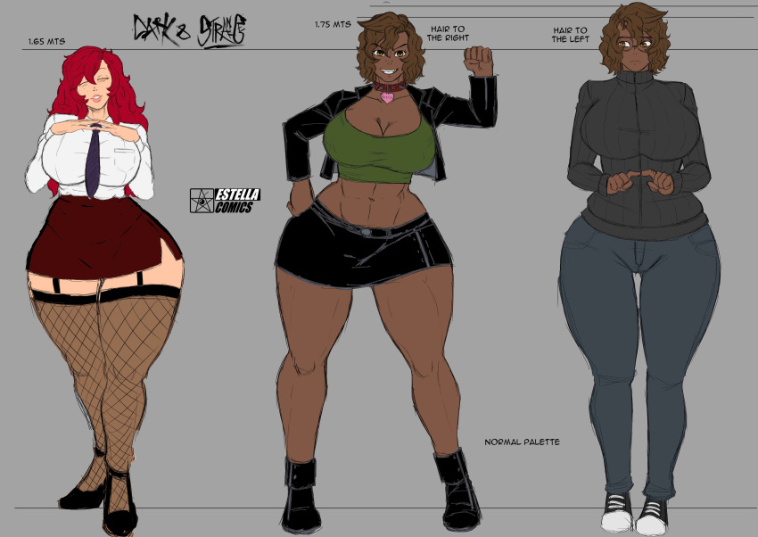 3girls big_ass big_breasts big_butt big_thighs character_sheet crimson_sterlyn dark-skinned_female dark_skin elena_vazquez estella_comics female female_only freckles huge_ass huge_breasts huge_butt mannyestella mrestella multiple_girls original original_character red_hair selena_vazquez simple_background thick_ass thick_legs thick_thighs thighs