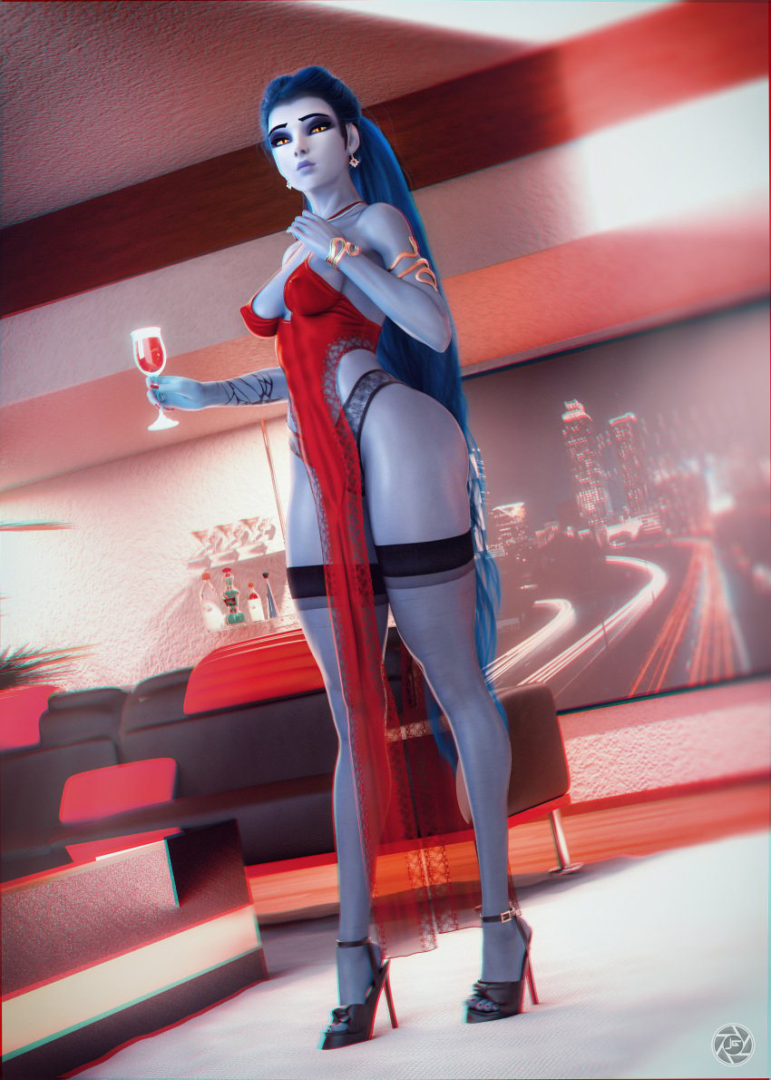 1girls 3d dress high_heels lingerie nail_polish noahgraphicz overwatch red_dress red_nail_polish red_nails stockings widowmaker