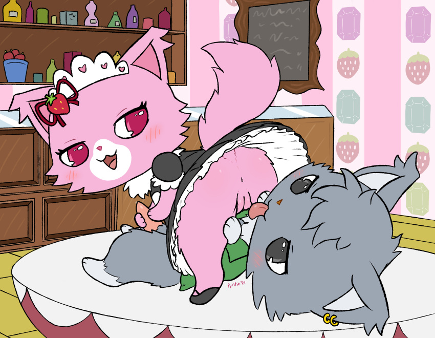 1boy 1boy1girl 1girls 2021 69_position accessory anus ass black_eyes blush bodily_fluids bottle cafe chalkboard chibi clothed clothing counter dian_(jewelpet) digital_media_(artwork) domestic_cat duo ear_piercing ear_ring felid feline felis female female_on_top fluffy fluffy_tail food fruit fur furniture garnet_(jewelpet) genital_fluids genitals grey_body grey_fur hair_accessory hair_ribbon handjob head_tuft hi_res jewelpet licking lying maid_uniform maine_coon male male/female male_on_bottom mammal on_bottom on_top open_mouth open_smile oral penile penis persian_cat piercing pink_body pink_eyes pink_fur plant precum presenting presenting_hindquarters pussy pyritie ribbons sanrio sega sega_toys semi-anthro sex shelves smile strawberry table table_sex tongue tongue_out tuft underskirt uniform