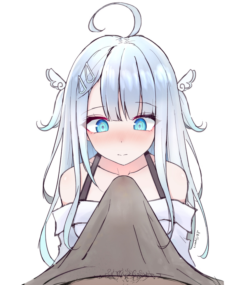 ahoge amatsuka_uto bakertosin bangs blue_eyes blush closed_mouth collarbone dtspen eyebrows_visible_through_hair hair_clips indie_virtual_youtuber light_blue_hair multicolored_hair pubic_hair shoulder_straps silver_hair two_side_up virtual_youtuber white_dress wing_hair_ornament