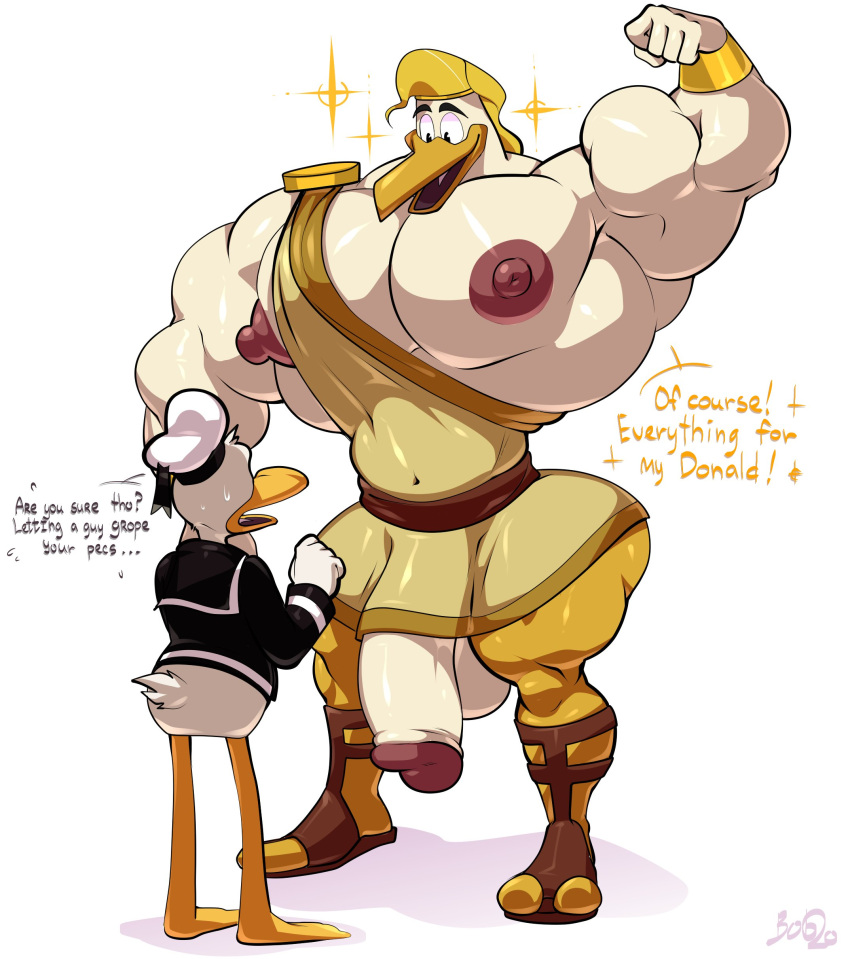 absurd_res anatid anseriform anthro avian balls beak big_balls big_muscles big_pecs big_penis bird blonde_hair bobthetanuki bottomless clothed clothing disney donald_duck duck ducktales ducktales_(2017) duo english_text feathers genitals hair hat headgear headwear hi_res huge_cock male male/male male_only muscular muscular_anthro muscular_male nipples partially_clothed pecs penis standing storkules text white_body white_feathers