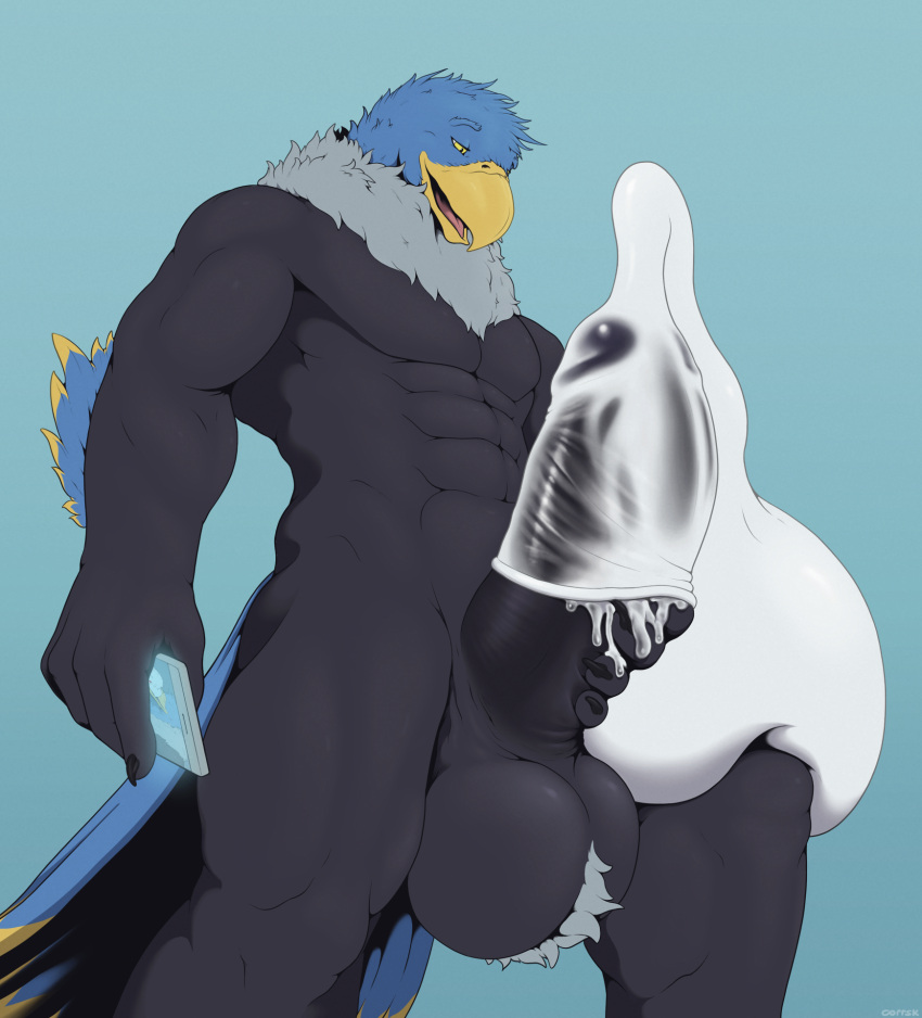 1boy accipitrid accipitriform ahab_(ahugebird) anthro avian bald_eagle ball_tuft balls beak biceps big_balls big_penis bird bodily_fluids condom corrsk cum digital_media_(artwork) eagle erection feathers filled_condom genital_fluids genitals hi_res huge_balls huge_cock humanoid humanoid_genitalia humanoid_penis hyper male male_only muscular muscular_anthro muscular_male non-human nude pecs penis sea_eagle sexual_barrier_device simple_background solo tuft wearing_condom