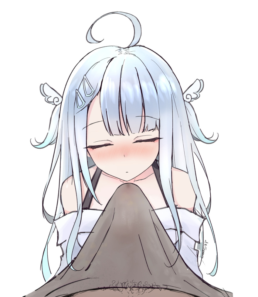 ahoge amatsuka_uto bakertosin bangs blush closed_eyes collarbone dtspen eyebrows_visible_through_hair hair_clips indie_virtual_youtuber light_blue_hair multicolored_hair pubic_hair shoulder_straps silver_hair two_side_up virtual_youtuber white_dress wing_hair_ornament