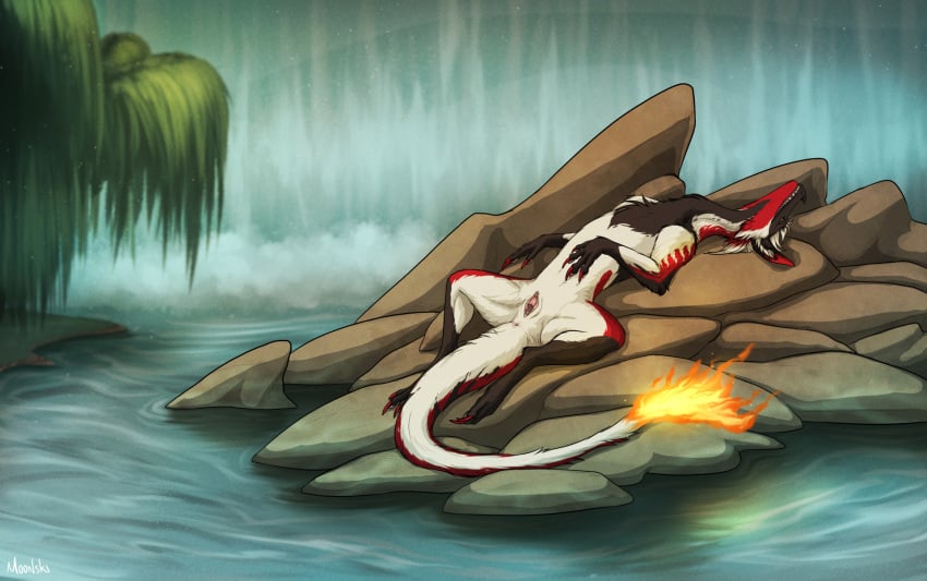 anthro anthro_only anus brown_body brown_fur claws detailed_background dragon female feral fire flaming_tail fur furred_dragon genitals grin hi_res lake lying moonski nude on_back open_mouth outside phyress_(character) plant pussy quadruped red_body red_fur rock smile solo spread_legs spreading teeth tree waterfall white_body white_fur