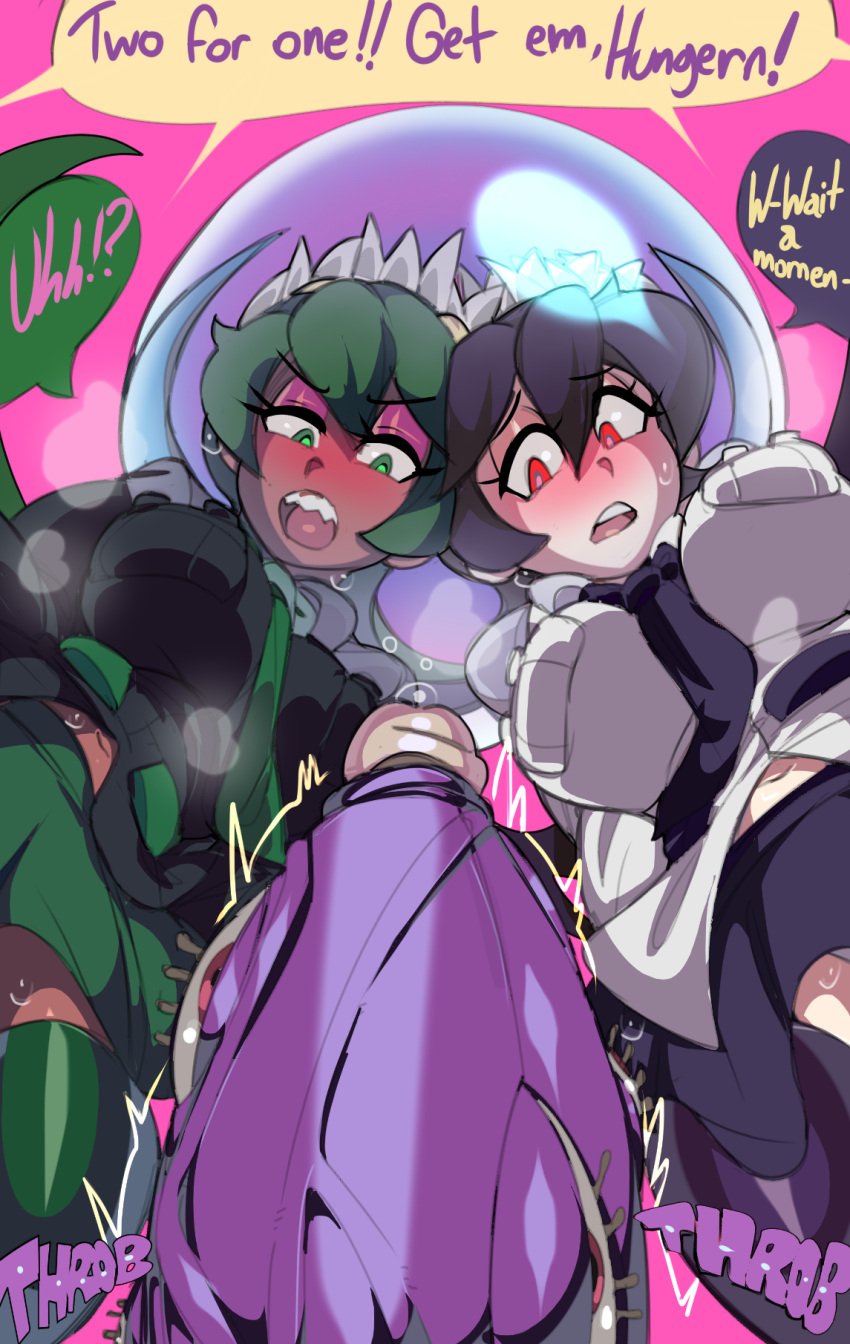 2girls black_hair black_shirt bondage bubble captain_kirb clothed clothed_sex clothing dark-skinned_female dark_blue_tie female filia_(skullgirls) fukua_(skullgirls) green_eyes green_hair green_tie huge_cock hungern_(skullgirls) light-skinned_female male penis purple_eyeshadow red_eyes samson_(skullgirls) shamone_(skullgirls) skullgirls text text_bubble tongue vein white_shirt