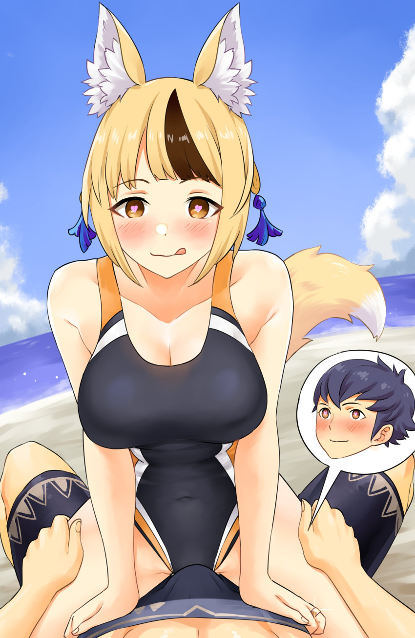 1boy 1girls :p alternate_costume beach black_swimsuit blonde_hair blush breasts brown_eyes cleavage commission erection fire_emblem fire_emblem_fates fox_girl heart-shaped_pupils igni_tion kiragi_(fire_emblem) kitsune large_breasts licking_lips looking_at_viewer multicolored_hair nintendo ocean one-piece_swimsuit penis_bulge pov seaside selkie_(fire_emblem) short_hair sitting_on_person slit_pupils smile solo_focus swimsuit wholesome yellow_eyes