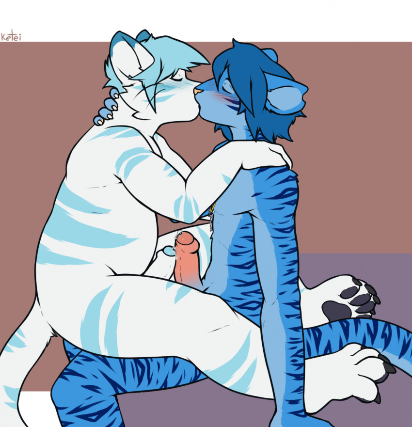 anthro black_pawpads domestic_cat erection felid feline felis foreskin frottage gay genitals hi_res hybrid james_(redfurryfire) ketei kissing male male/male male_only mammal pantherine pawpads paws penis romantic romantic_couple sex slightly_chubby tiger yaoi