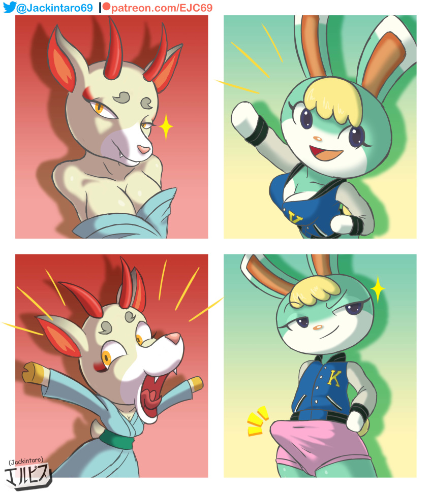 1boy 2021 2girls animal_crossing anthro big_breasts blonde_hair blue_eyes boxers breasts bunny bunny_boy bunny_girl deer deer_girl digital_media_(artwork) erection expectation_vs_reality fangs female_anthro furry green_body hooves horn jacket jackintaro kimono looking_at_viewer male_anthro nintendo rule_63 sasha_(animal_crossing) shino_(animal_crossing) simple_background white_fur yellow_eyes