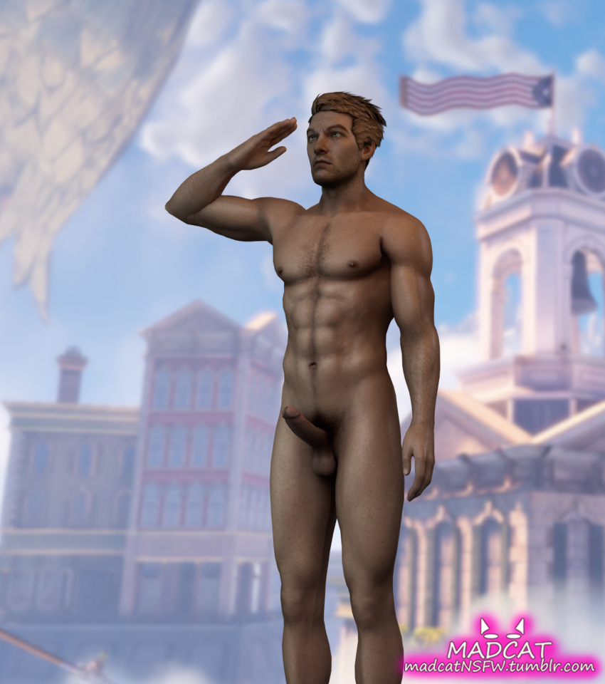 1boy 3d 3d_(artwork) abs balls bioshock bioshock_infinite booker_dewitt chest_hair erect_penis erection gay madcat male male_only male_pubic_hair muscular muscular_male penis pubes pubic_hair salute solo testicles