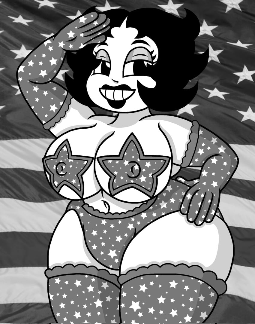 1girls 2021 4th_of_july american_flag armwear betty_boop big_breasts black_and_white black_eyes black_hair black_lipstick breasts burlesque casual chubby cleavage curvy cute female female_only gloves human legwear light-skinned_female lipstick monochrome pale_skin rubberhose salute spitfirearts tagme thick_thighs