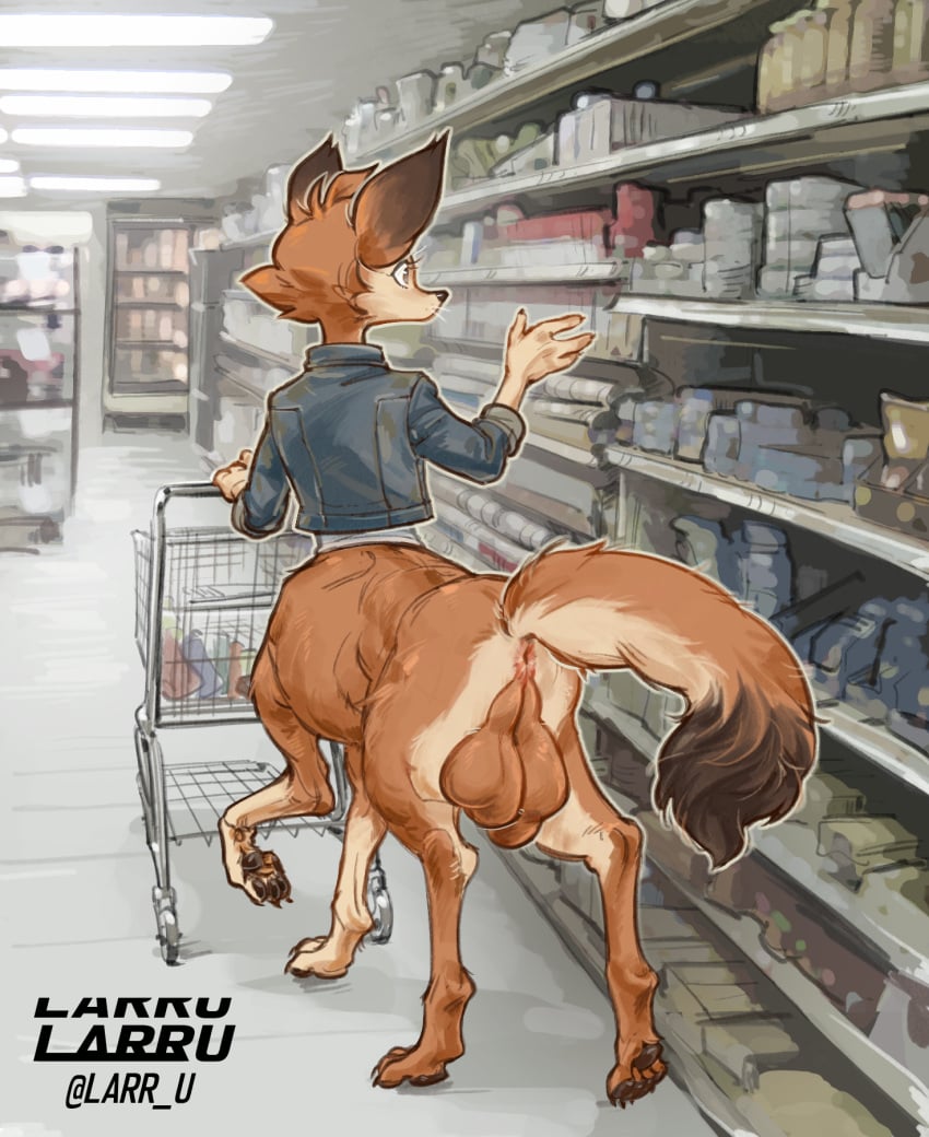 1futa 4_balls anthro anus ass backsack balls big_balls bottomless breasts brown_body brown_fur canid canid_taur canine canine_taur casual casual_boner casual_erection casual_exposure casual_nudity clothed clothing dark-skinned_futanari denim denim_clothing denim_jacket detailed_background dixie_seterdahl feral flaccid fox fox_taur full-package_futanari fur futa_only futanari genitals grocery_store herm hermaphrodite hi_res huge_ass huge_balls inside intersex larru-larru mammal mammal_taur multi_balls multi_genitalia penis perineum public public_nudity pussy rear_view solo store taint taur uneven_balls walking wide_hips