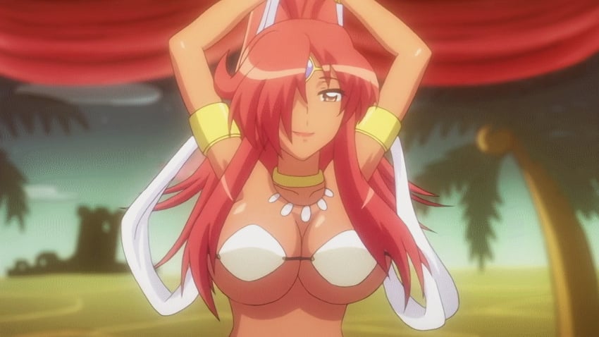 animated belly_dancer belly_dancer_outfit belly_dancing bouncing_breasts cleavage clothing dancer dancing dark-skinned_female dark_skin female harem_outfit kirche_augusta_frederica_von_anhalt_zerbst large_breasts long_hair ponytail red_hair revealing_clothes underboob zero_no_tsukaima