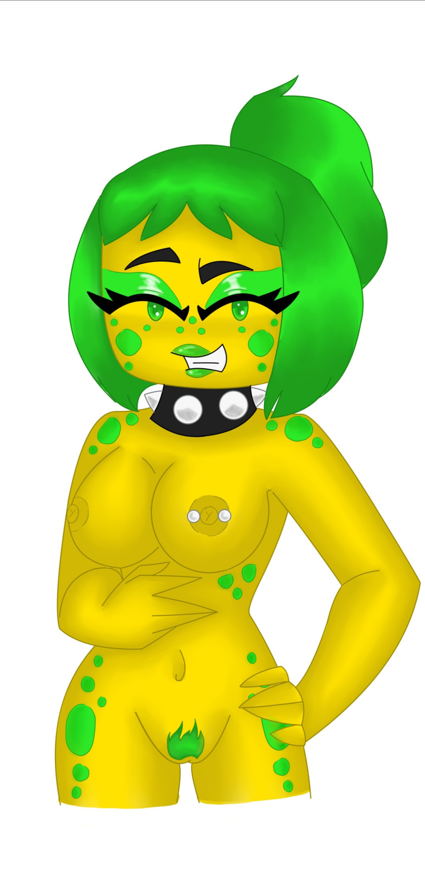 big_breasts choker collar duchess_pixal female_only green_eyes green_hair green_lipstick green_spots lego lego_ultra_agents lipstick ninjago nipple_piercing nude nude_female piercing pubic_hair simple_background spiked_collar spots spotted_body tournament_of_elements_(ninjago) tox_(ninjago) toxikita_(ninjago) white_background yellow_body yellow_skin