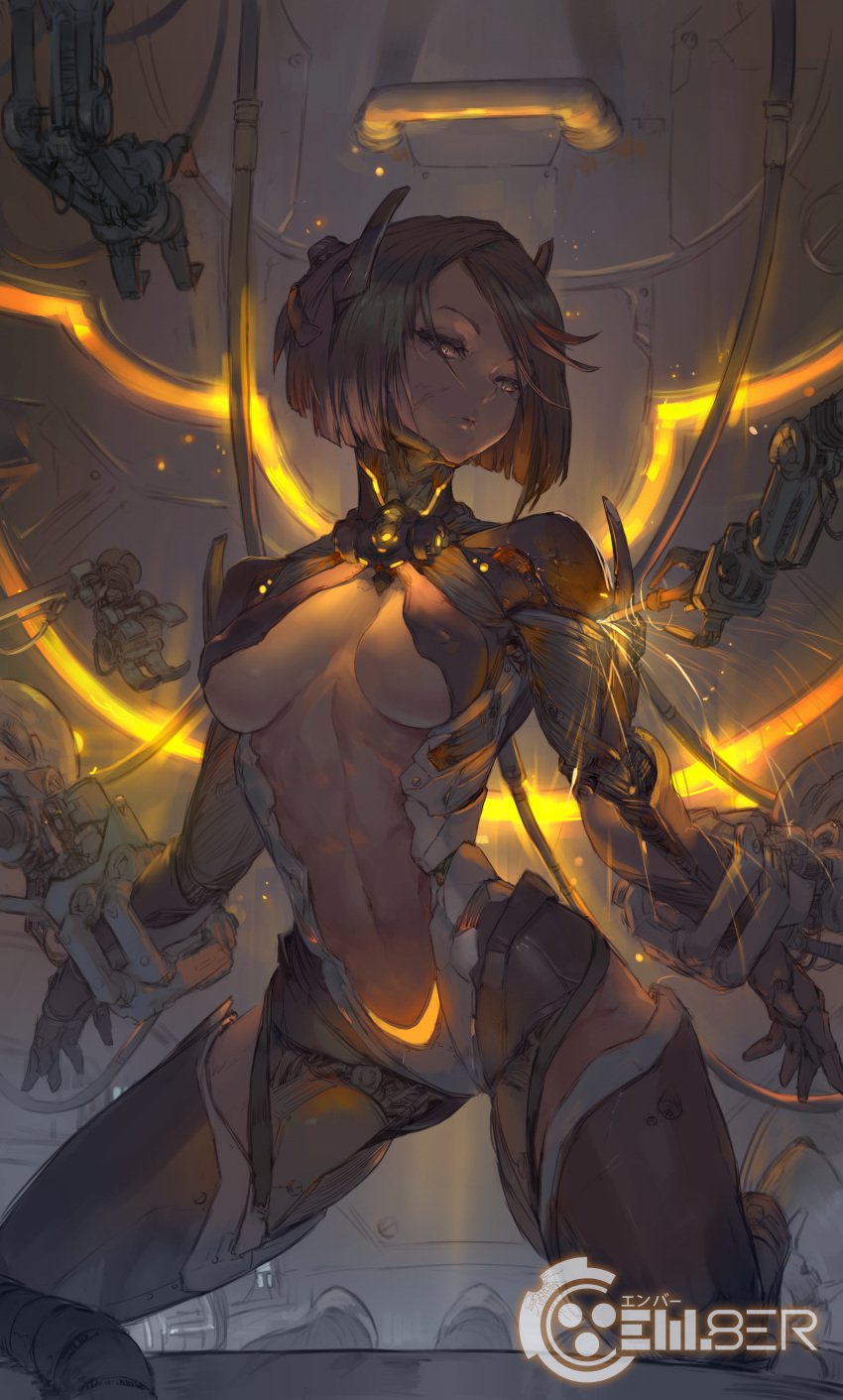 1girls absurd_res artist_name breasts cleavage cutesexyrobutts cyborg em8er female female_only hi_res looking_at_viewer medium_breasts midriff original original_character scar short_hair signature solo thighs