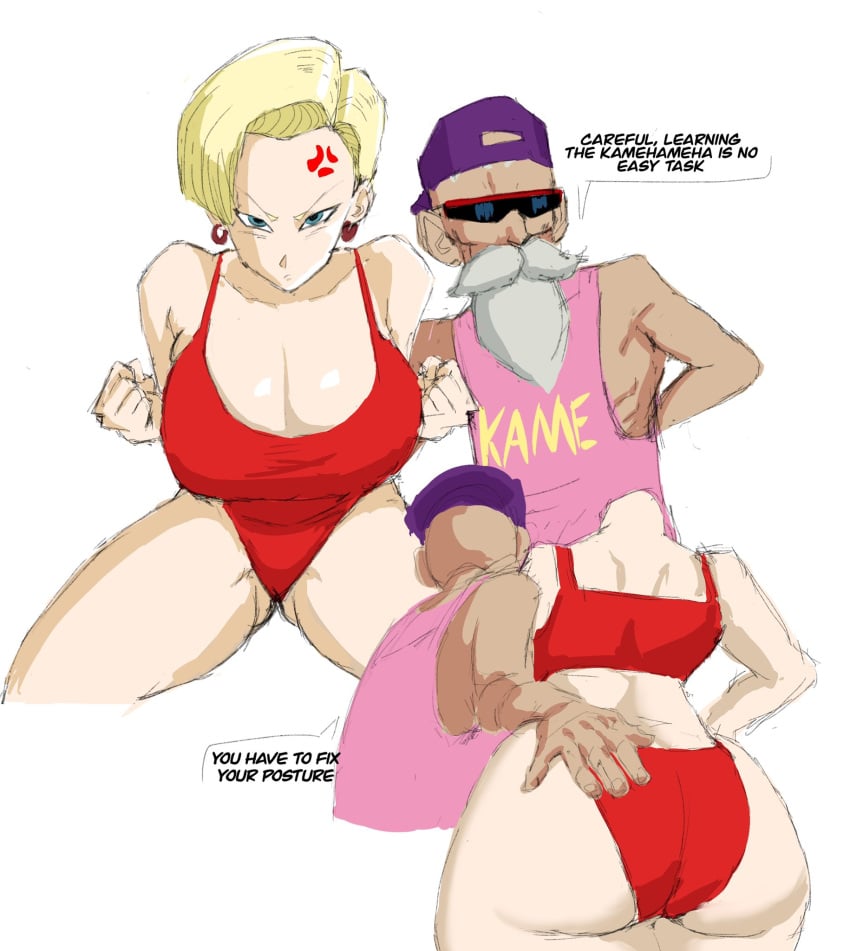 1boy 1girls android_18 anger_vein angry ass ass_cleavage beard blonde_hair blue_eyes blush breasts butt_crack cleavage curvy dragon_ball dragon_ball_gt earrings embarrassed english_text female hand_on_ass huge_ass huge_breasts light-skinned_female light_skin male master_roshi milf moustache old_man older_male pawg short_hair speech_bubble spread_legs sunglasses text thick_ass thick_thighs tight_clothing venus_body voluptuous white_background zetomeso