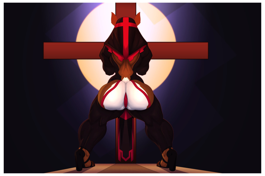 absurd_res anthro ass big_butt cervid clothed clothing cross female fur hi_res jawful mammal multicolored_body multicolored_fur nun rear_view solo thong two_tone_body two_tone_fur underwear