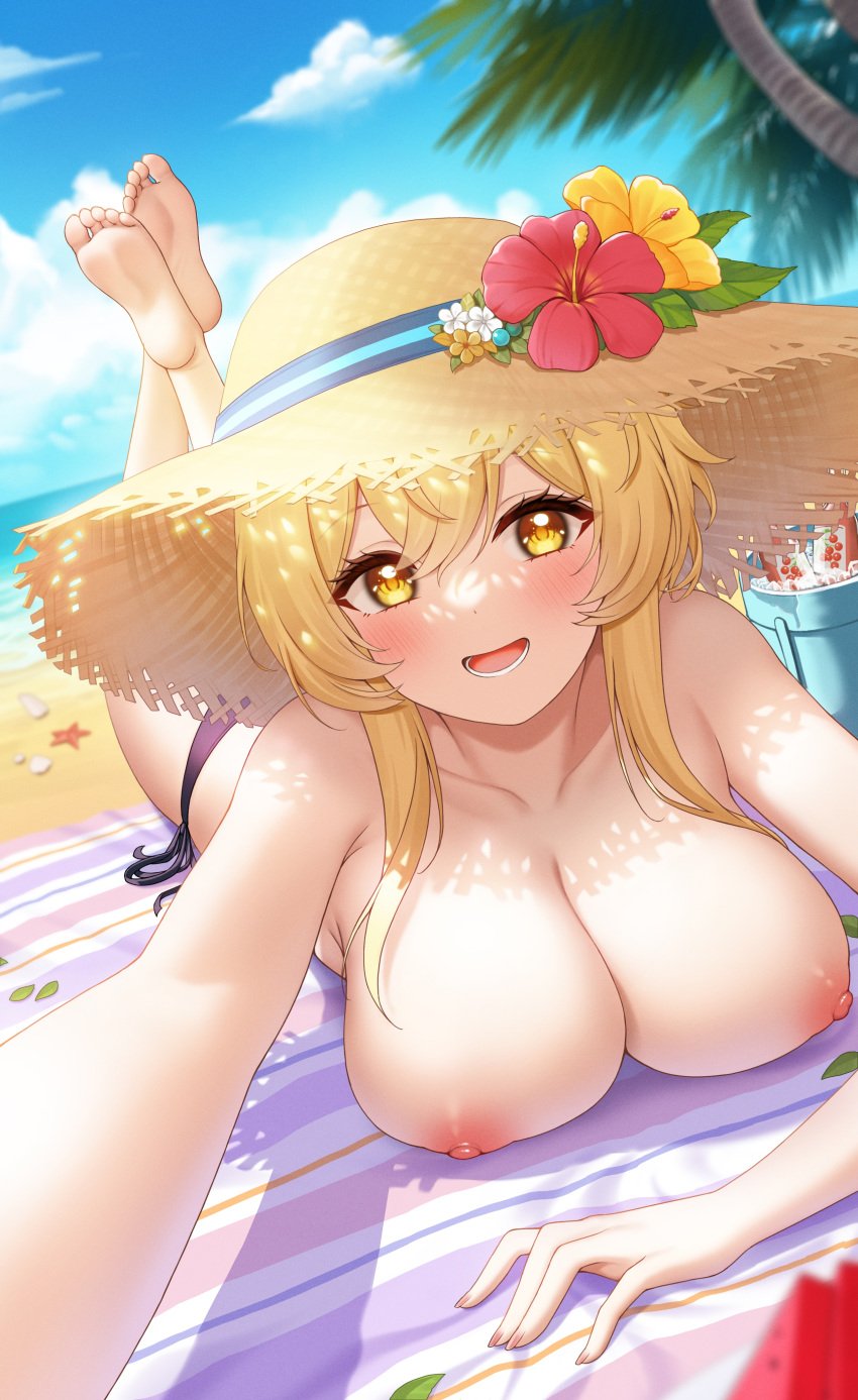 1girls areolae bare_shoulders barefoot beach beach_towel big_breasts black_panties blonde_hair blush breasts clouds collarbone exposed_breasts female female_only flower_in_hat fukuro_ko_(greentea) genshin_impact hat highres horny ice_bucket large_breasts looking_at_viewer lumine_(genshin_impact) lying lying_on_stomach medium_hair nails naked nipples no_bra nude ocean on_towel open_mouth open_smile palm_tree panties panties_only pov seductive selfie sky smile soles solo straw_hat swimsuit taking_picture towel watermelon_slice yellow_eyes