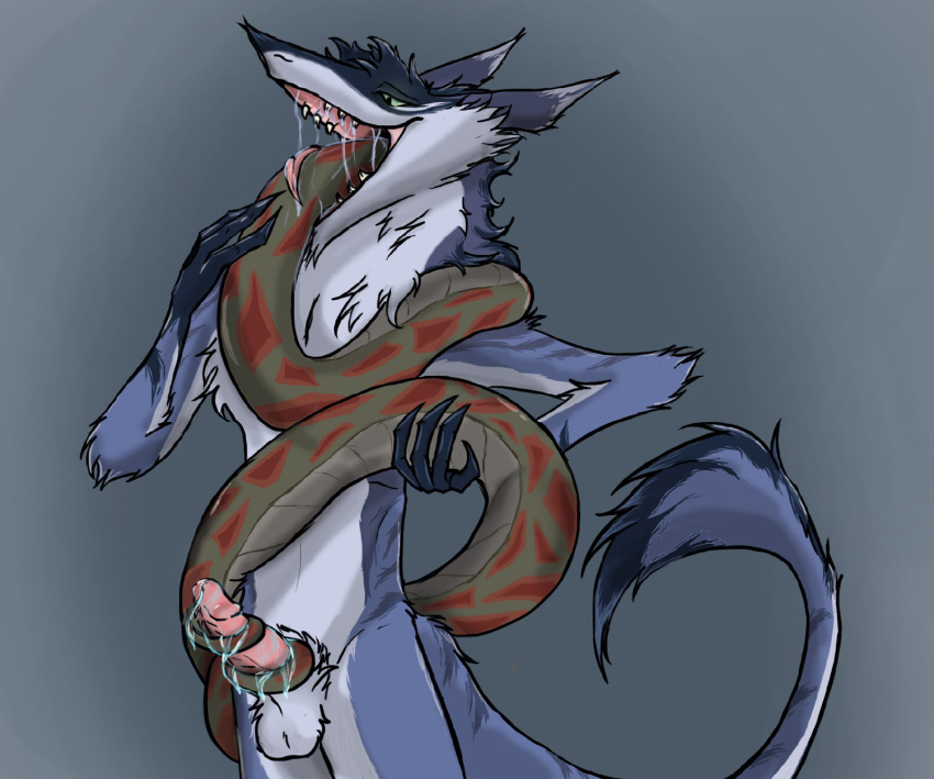 anthro deep_throat duo feral fern fernandgvinn genitals hi_res invalid_tag male male/male masturbation mouth_shot open_mouth oral oral_penetration oral_vore penetration penis reptile same_size_vore scalie sergal serpentus_(character) sex snake tongue vore