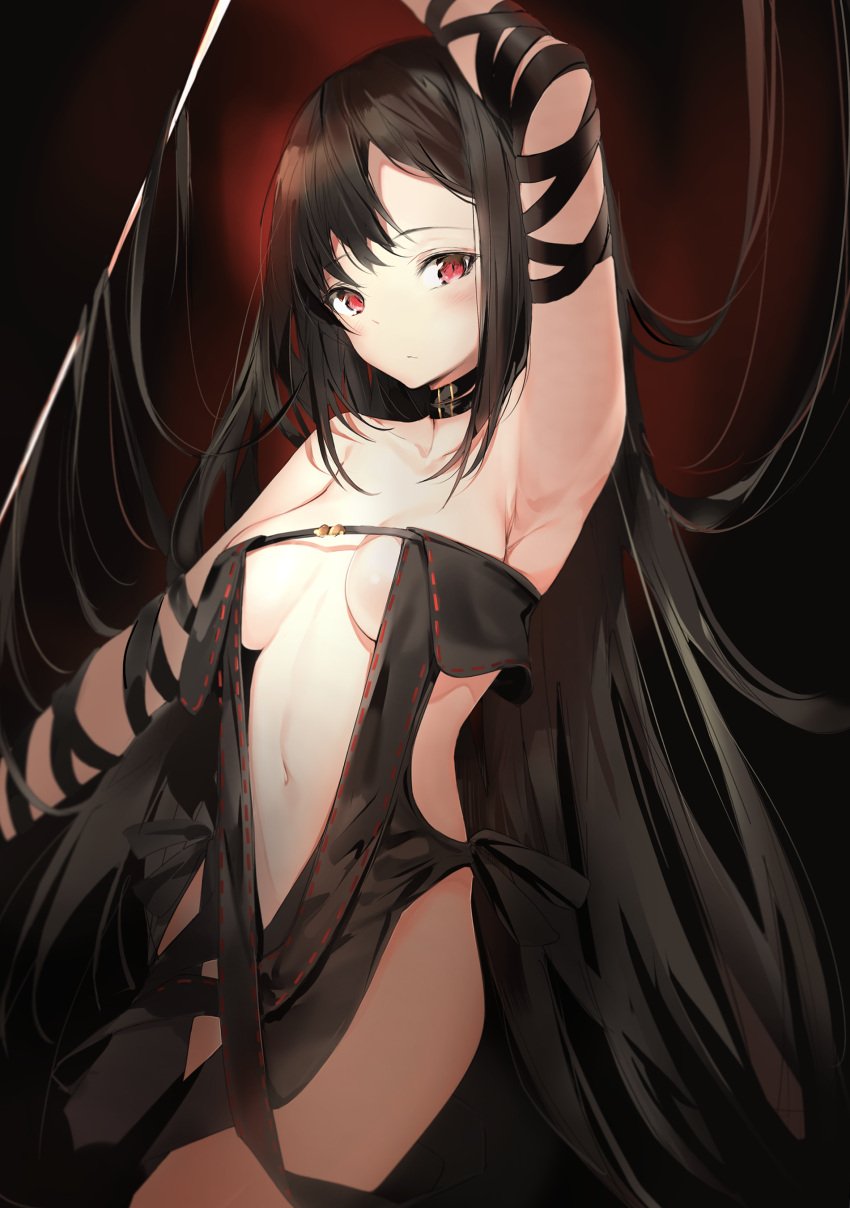 arm_ribbon armpits bangs bare_shoulders black_dress black_hair black_ribbon blush breasts clavicle closed_mouth dress eyebrows_visible_through_hair fate/grand_order fate_(series) female female hair_between_eyes head_tilt high_resolution long_hair medium_breasts navel one_arm_up red_eyes revealing_clothes revision ribbon ribbon-trimmed_dress ribbon_trim silver_(chenwen) solo strapless strapless_dress tagme very_high_resolution very_long_hair yu_miaoyi_(fate)