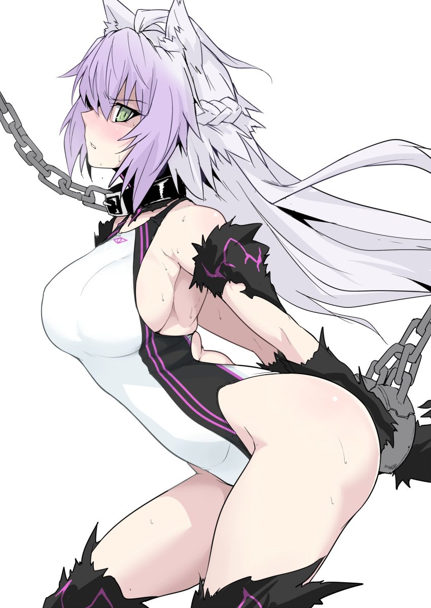 agrius_metamorphosis animal_ears arched_back arms_behind_back atalanta_(alter) atalanta_(alter)_(fate) atalanta_(fate) atalanta_alter black_legwear blush bondage braid breasts chains collar competition_swimsuit contrapposto fate/apocrypha fate/grand_order fate/stay_night fate_(series) female green_eyes halcon harukon_(halcon) in_profile large_breasts lavender_hair leash long_hair one-piece_swimsuit parted_lips restrained sideboob simple_background skindentation solo standing sweat swimsuit tank_suit thighhighs tied_hair very_high_resolution white_background