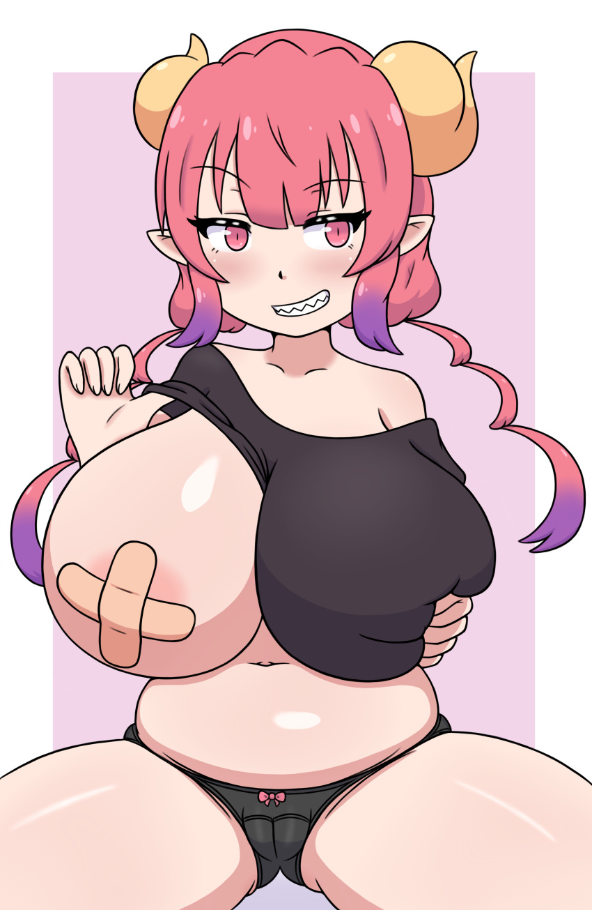 1girls bandaid_on_breast big_breasts breasts covered_nipples curvy_figure female high_resolution horns huge_breasts ilulu_(dragon_maid) large_breasts looking_at_viewer miss_kobayashi's_dragon_maid monster_girl pointy_ears red_eyes red_hair sharp_teeth shortstack smaller_female standing thick_thighs thighs white_background wide_hips winzaku_(asakura)