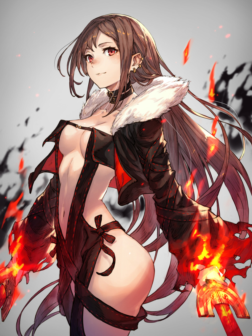 akuta_hinako assassin black_hair breasts brown_hair choker cleavage closed_mouth cowboy_shot cropped_jacket dress dual_wielding ear_piercing earrings fate/grand_order fate_(series) female fire fur_trim gradient gradient_background high_resolution holding holding_weapon in_profile jacket jewelry kusano_shinta long_hair magic medium_breasts multiple_earrings navel piercing pixiv_id_11932846 red_eyes revealing_clothes ribbon-trimmed_clothes ribbon_trim smile solo sword tagme weapon yu_miaoyi yu_miaoyi_(fate)