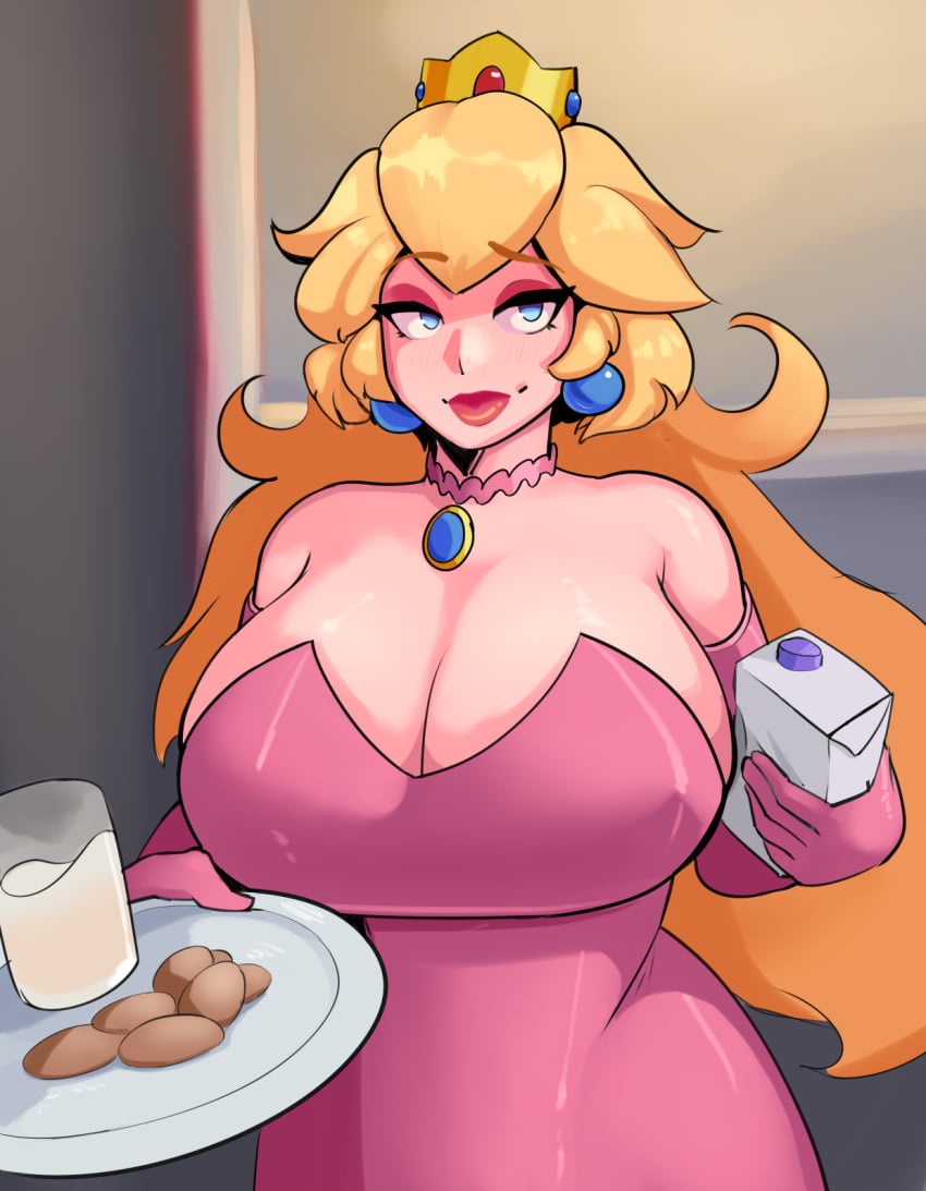 alternate_costume big_breasts blonde_hair blue_eyes breasts iced_latte_with_breast_milk lipstick looking_at_viewer makeup mario_(series) meme milk milk_bottle nintendo nunsafeforwork princess_peach smirk