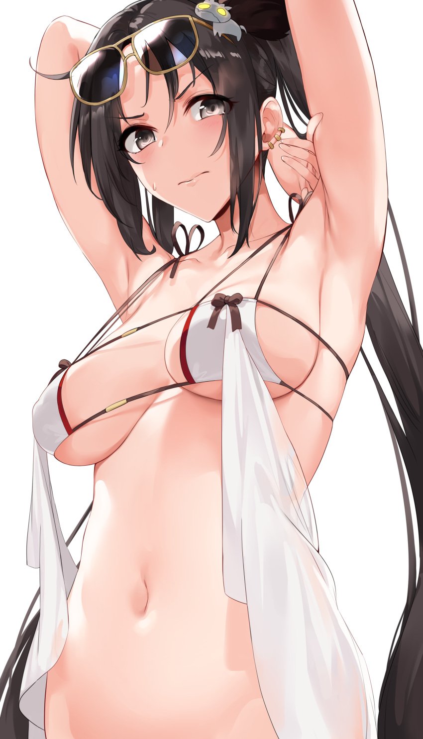 akuta_hinako armpits arms_up bangs bare_shoulders bikini bikini_top black_hair blush bottomless breasts brown_hair clavicle closed_mouth consort_yu_(fate/grand_order) earrings erect_nipples eyepatch_bikini eyewear_on_head fate/grand_order fate_(series) female glasses_on_head glasses_removed grey_eyes hair_ornament high_resolution jewelry knatb lancer_(yu_miaoyi) light_background long_hair looking_at_viewer medium_breasts megane midriff multiple_earrings navel nipples pixiv_id_13726319 see-through sideboob simple_background solo sunglasses sweatdrop swimsuit tagme tied_hair twintails underboob very_high_resolution very_long_hair white_background white_bikini white_swimsuit yu_miaoyi_(fate) yu_miaoyi_(swimsuit_lancer)